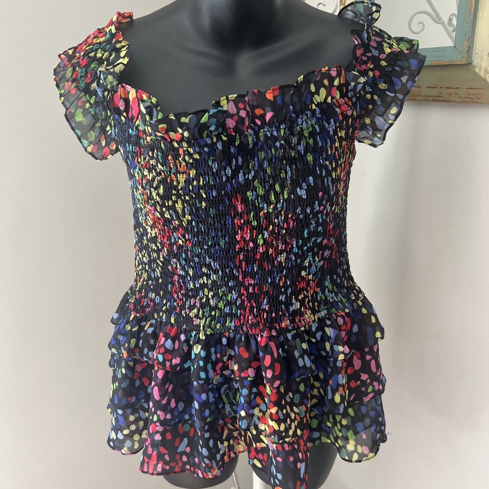 Caroline Constas Zora Off Shoulder Black floral Smocked Shirring Top SM  Ruffles